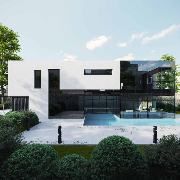 A sleek modern house exterior with a swimming pool, showcasing minimalist architecture.