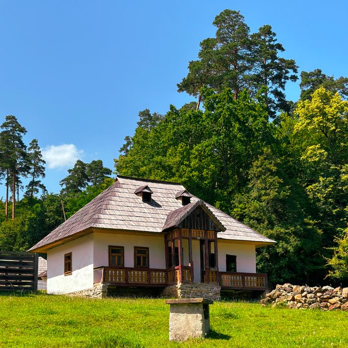 Charming traditional house set amidst lush greenery in Sibiu, Romania.